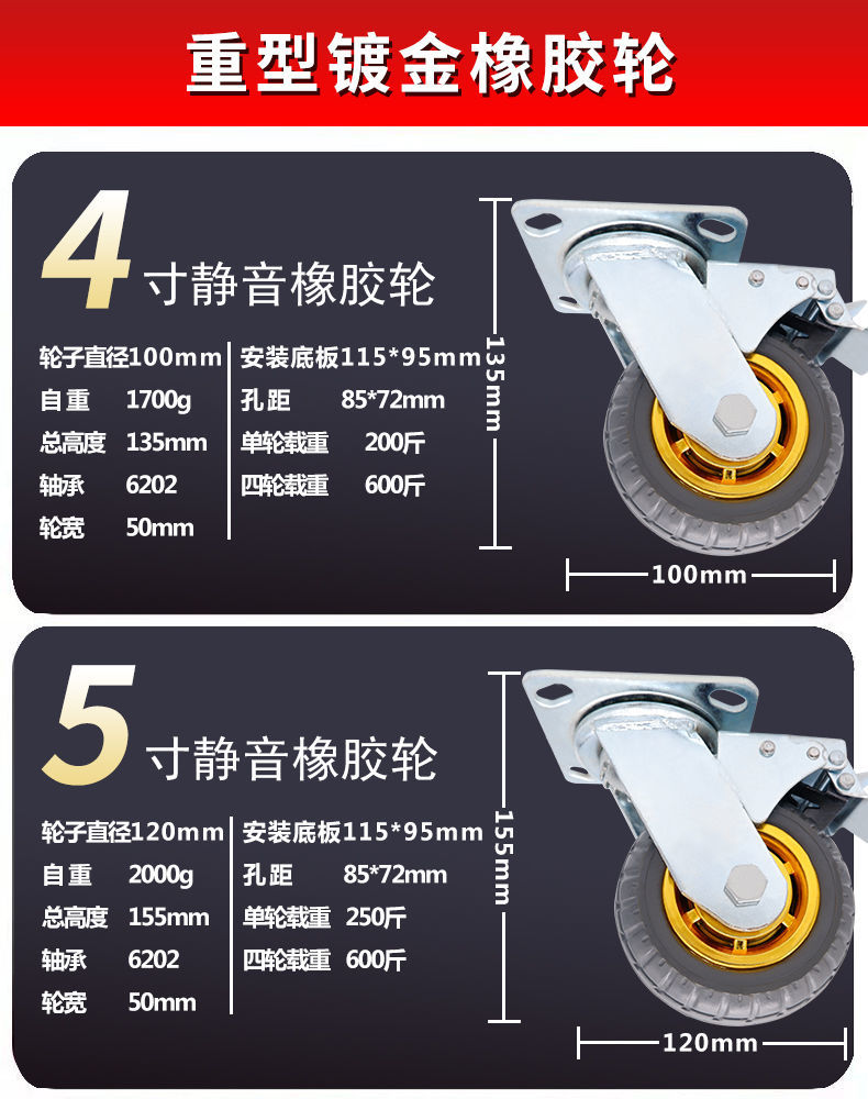 万向轮3寸4寸5寸6寸8寸轮子刹车静音重型工业手推车拖车脚轮轱辘定制