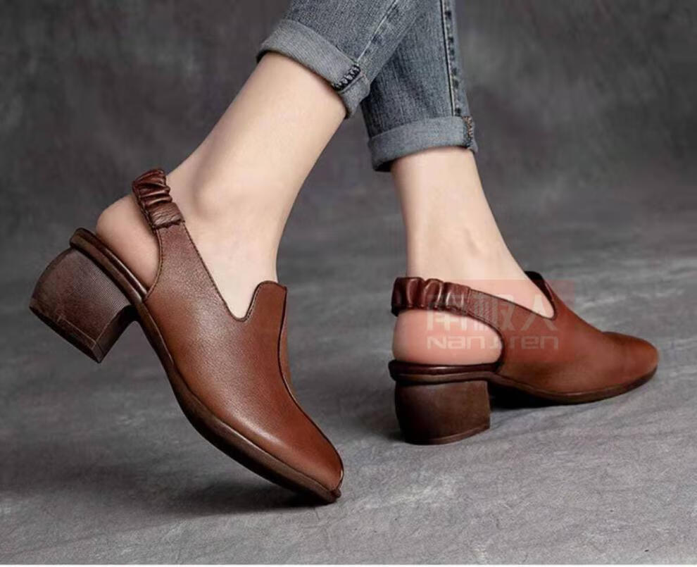 南极人品牌真皮鱼嘴鞋凉鞋女春季新款粗跟软底休闲高跟女鞋复古皮鞋女