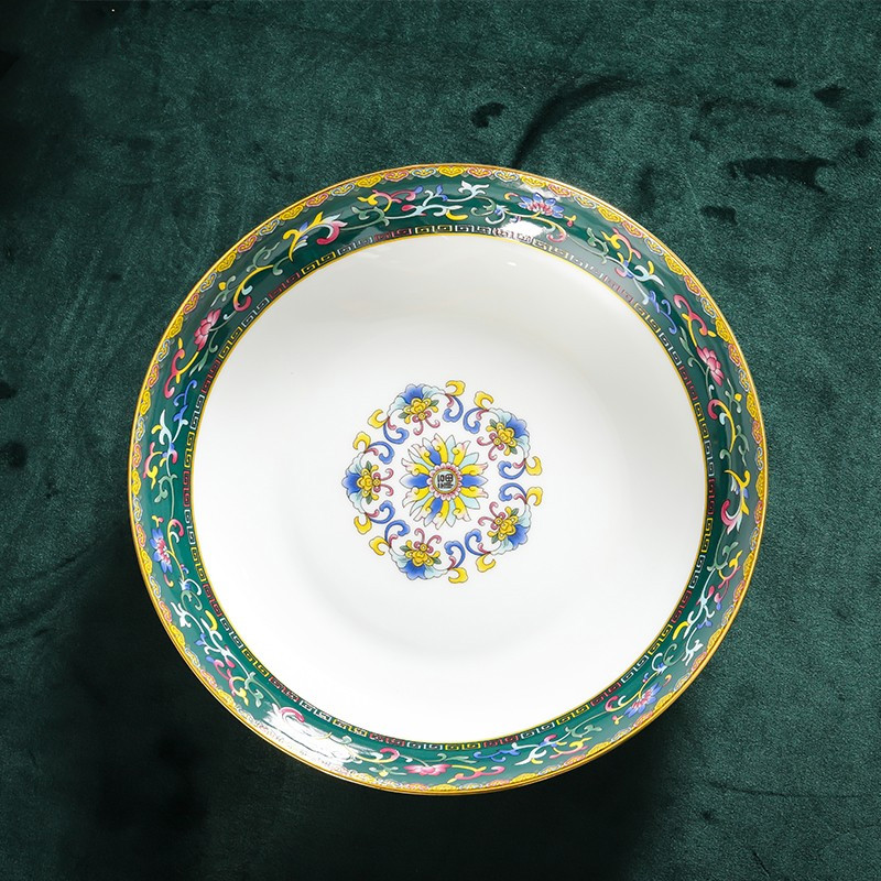莱朗餐盘陶瓷景德镇珐琅彩陶瓷盘菜盘深盘家用中式金边盘子大容量饭盘