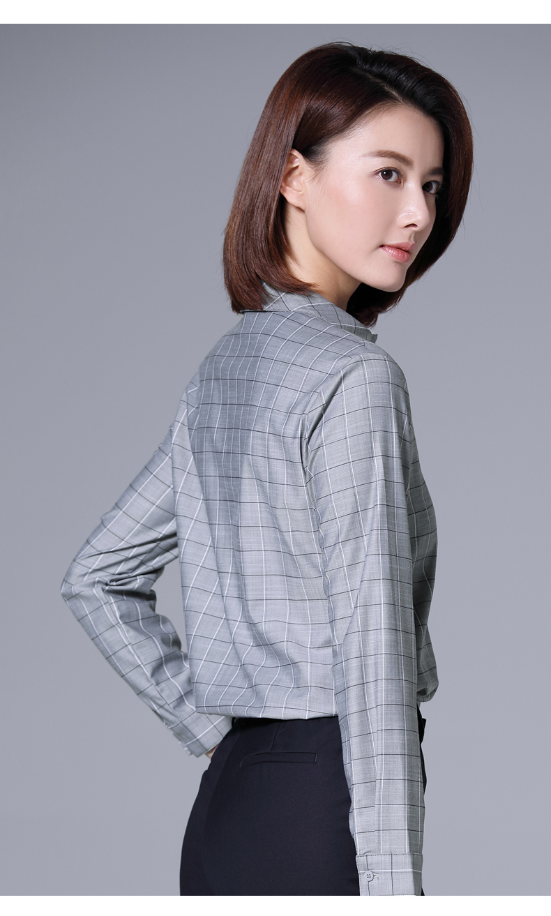 璐丝百丽灰色小格子衬衫女长袖春秋上衣休闲宽松百搭经典职业衬衣灰格