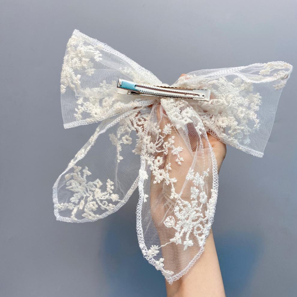 oeing 百搭黑白蕾丝蝴蝶结发夹纯手工重工锁边度假风小清新鸭嘴夹女