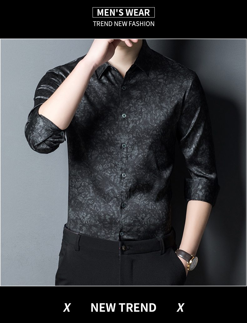 eopn品牌衬衫男真丝桑蚕丝绸中年感暗花长袖衬衫男2022新款轻奢衬衣服