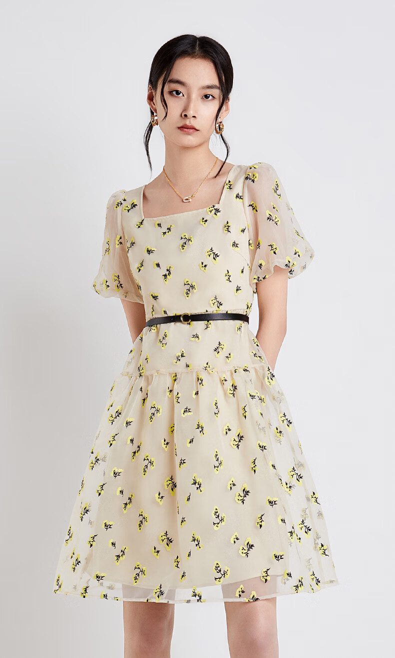 ochirly欧时力2022新款春装方领网纱碎花刺绣腰带a字短袖连衣裙杏色