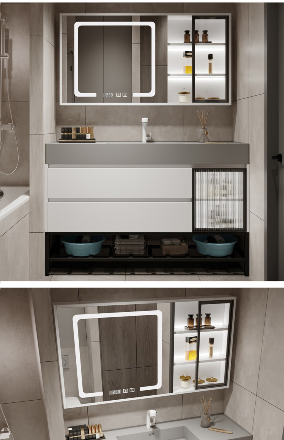 轻奢智能小熊镜子浴室柜组合网红款玻璃门洗手洗脸盆柜岩板洗漱台120