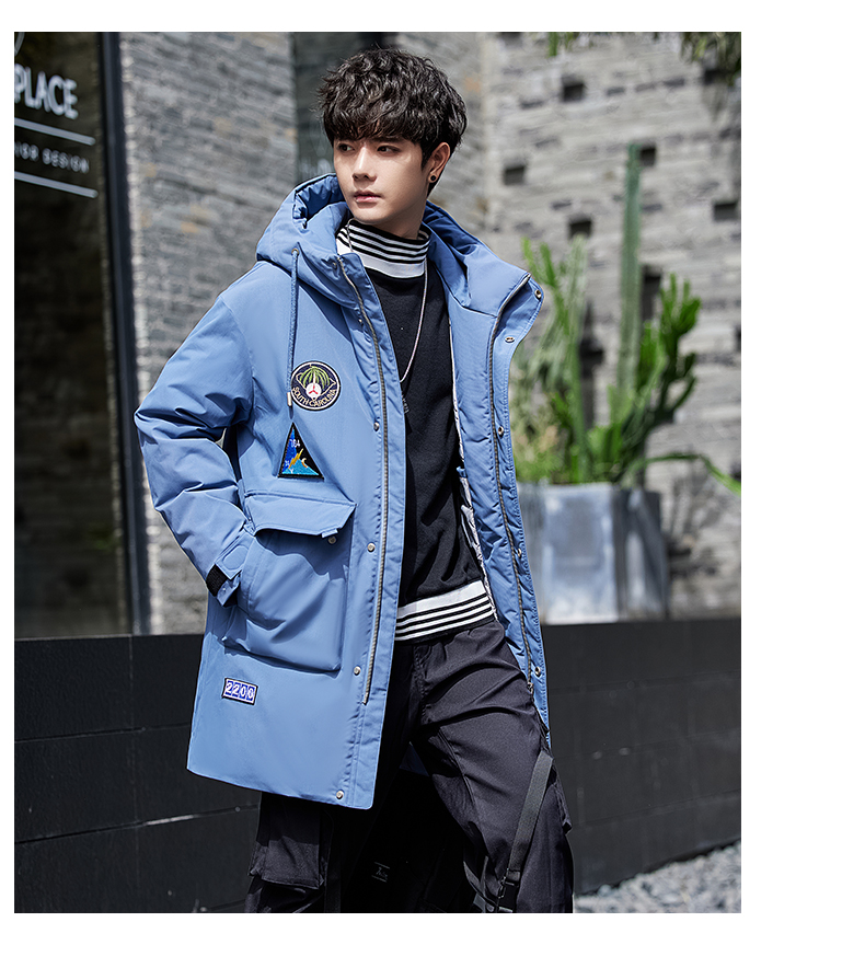 轻奢侈品牌廓形服男士中长款连帽显瘦白鸭绒工装年青少年冬季潮羽绒服