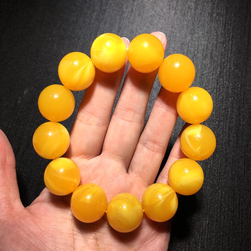 源璐飘花蜜蜡鸡油黄手串男女生士圆珠单圈情侣手链时尚 直径22mm飘花