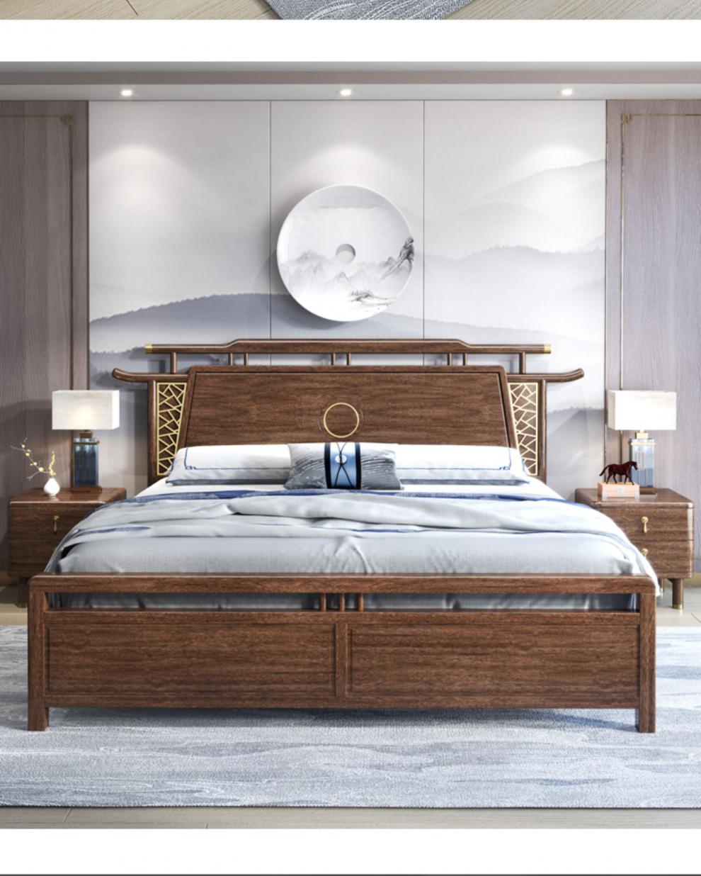 床实木床新中式实木床双人床现代简约轻奢婚床禅意主卧室家具新中式