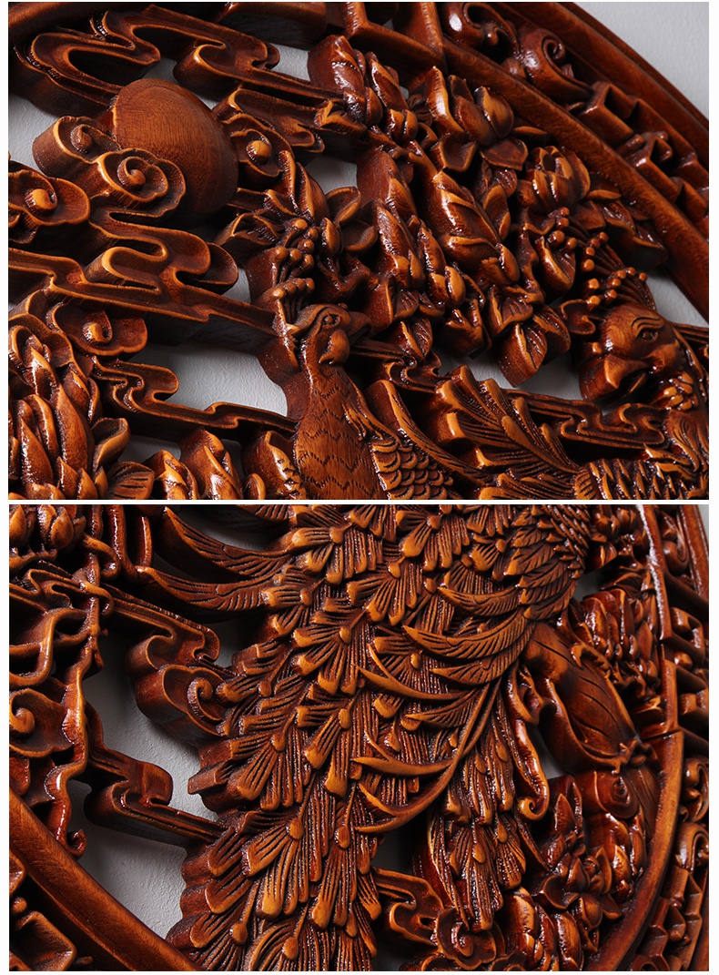 东阳木雕香樟木挂件实木头雕刻工艺品客厅玄关背景墙圆形壁挂孔雀wo