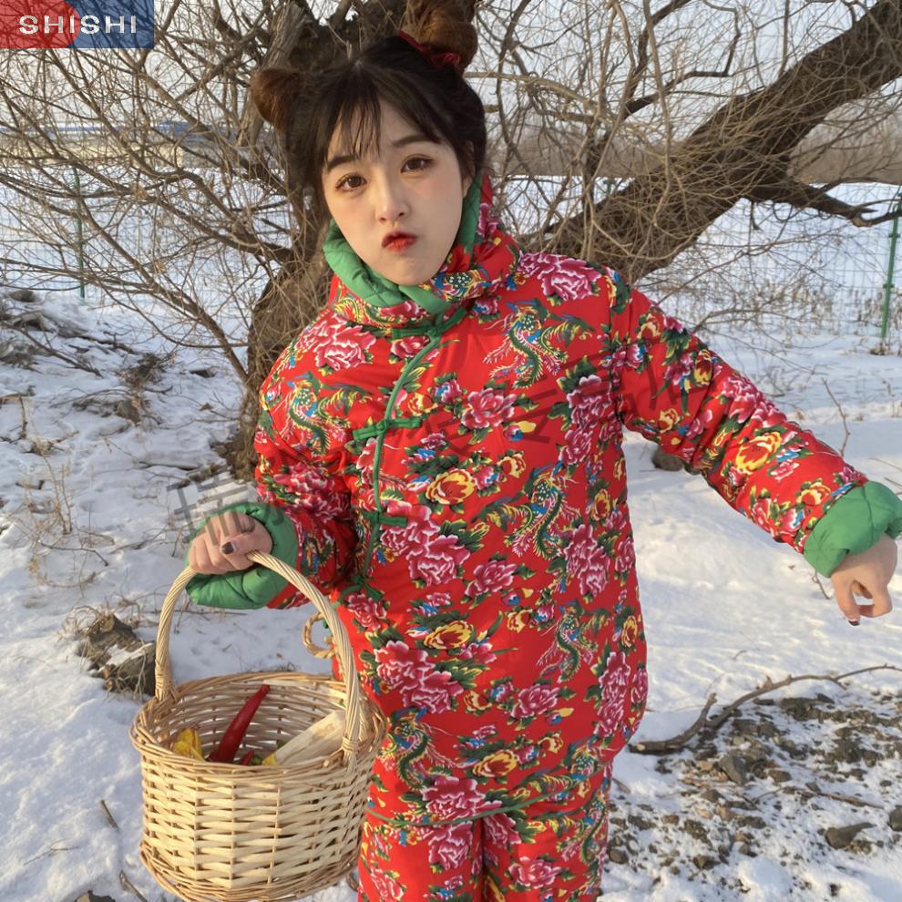 示诗东北花棉袄女冬东北大花袄大棉袄加厚民族风碎花棉服时尚棉衣棉裤