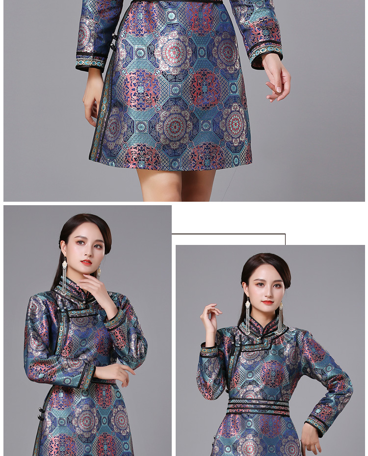 蒙古族服装女装春秋中长传统蒙古袍连衣裙日常生活装民族风舞蹈演出服