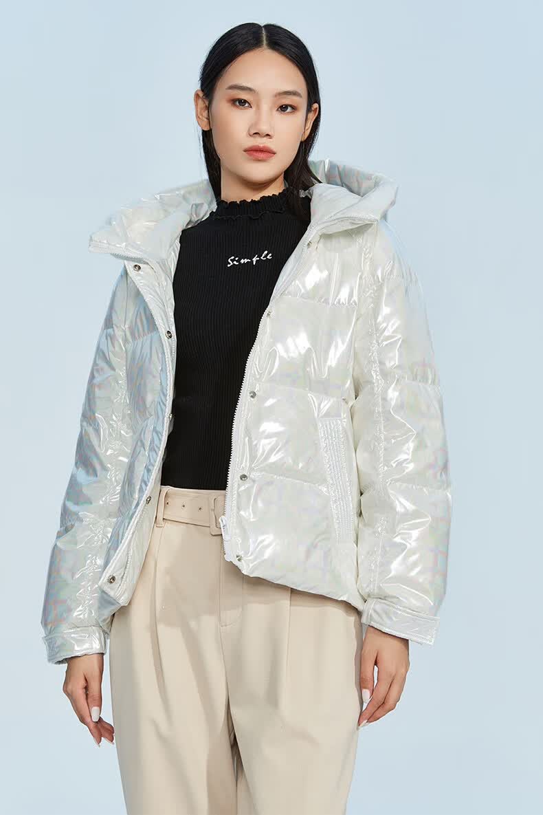 five plus亮面羽绒服新款女士冬时尚粉色白鹅绒面包服外套 黄色410 s