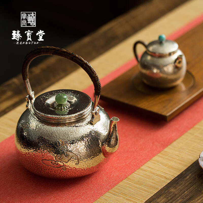臻宝堂银壶9999足银烧水壶纯手工高浮雕煮水器中式茶具提梁茶壶福从天