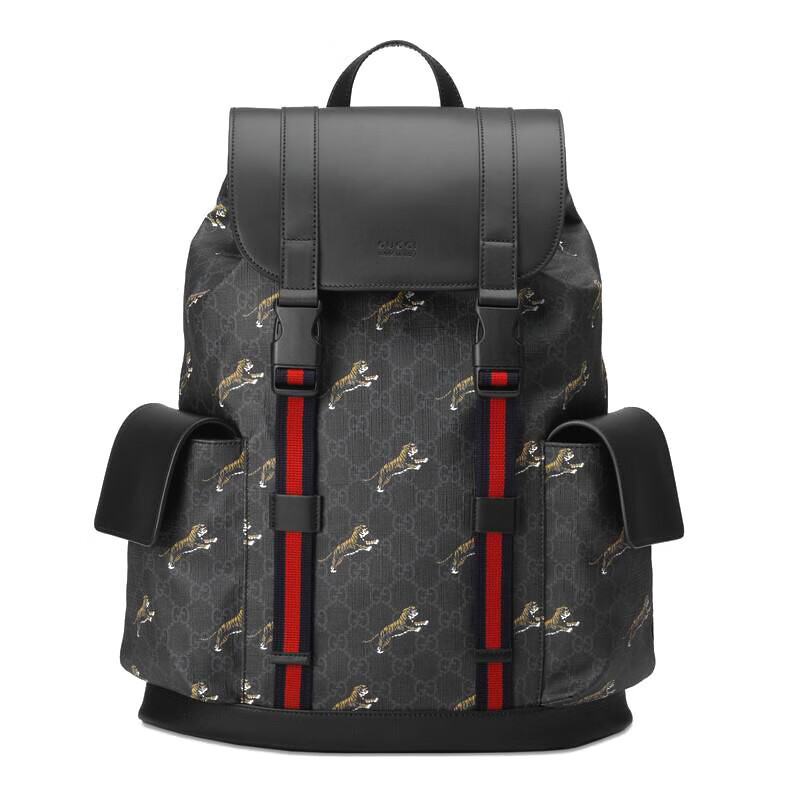 gucci/古驰gg系列19早秋新款男士黑色帆布印花虎头织带双肩包495563