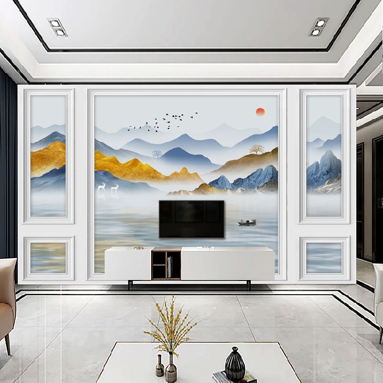 8d电视背景墙壁纸客厅现代简约5d影视墙布壁画水墨大气山水3d墙纸d款