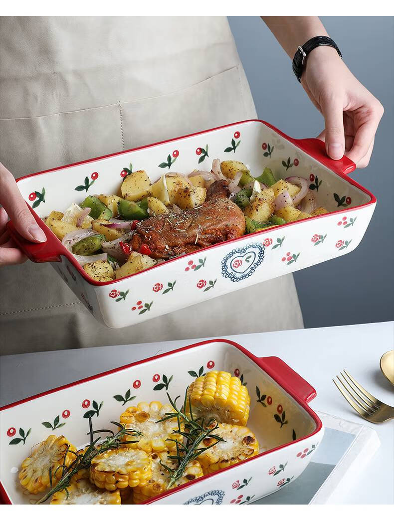 手绘樱桃陶瓷烤盘双耳芝士焗饭盘微波炉盘子烤箱专用烤鱼盘子烤华 