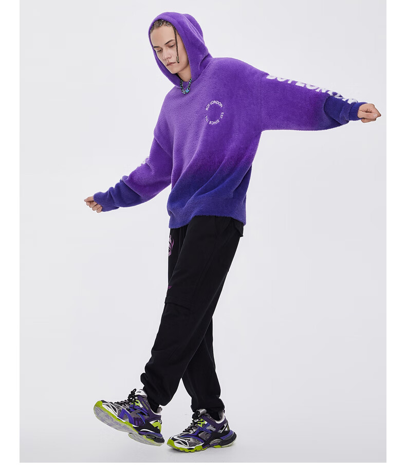 boylondon旗舰官网2020冬季白老鹰提花珊瑚绒渐变情侣毛衣t03309 紫色