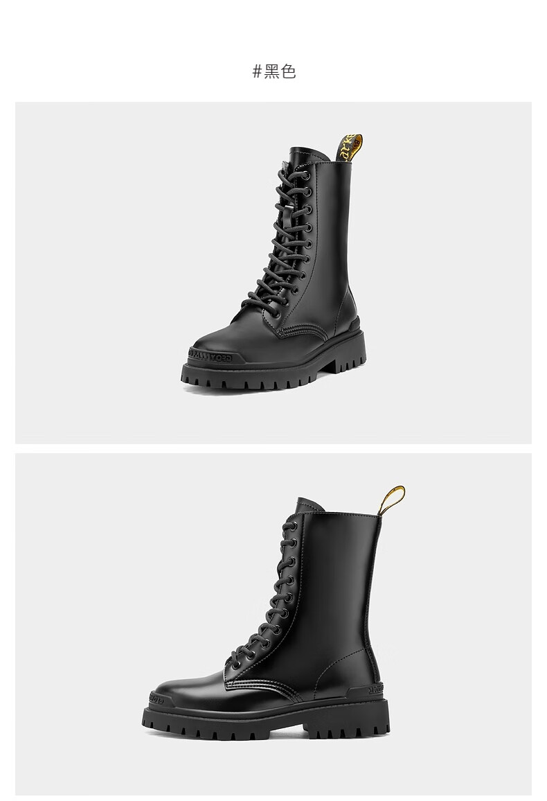 千百度女鞋欧美街头中筒靴 新款女靴中跟骑士靴复古马丁靴潮a20500107