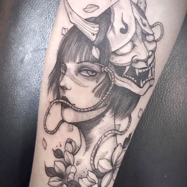 酿钰 纹身贴黑白艺般若花臂ins风纹身贴防水女暗黑系仿真性感少女贴纸