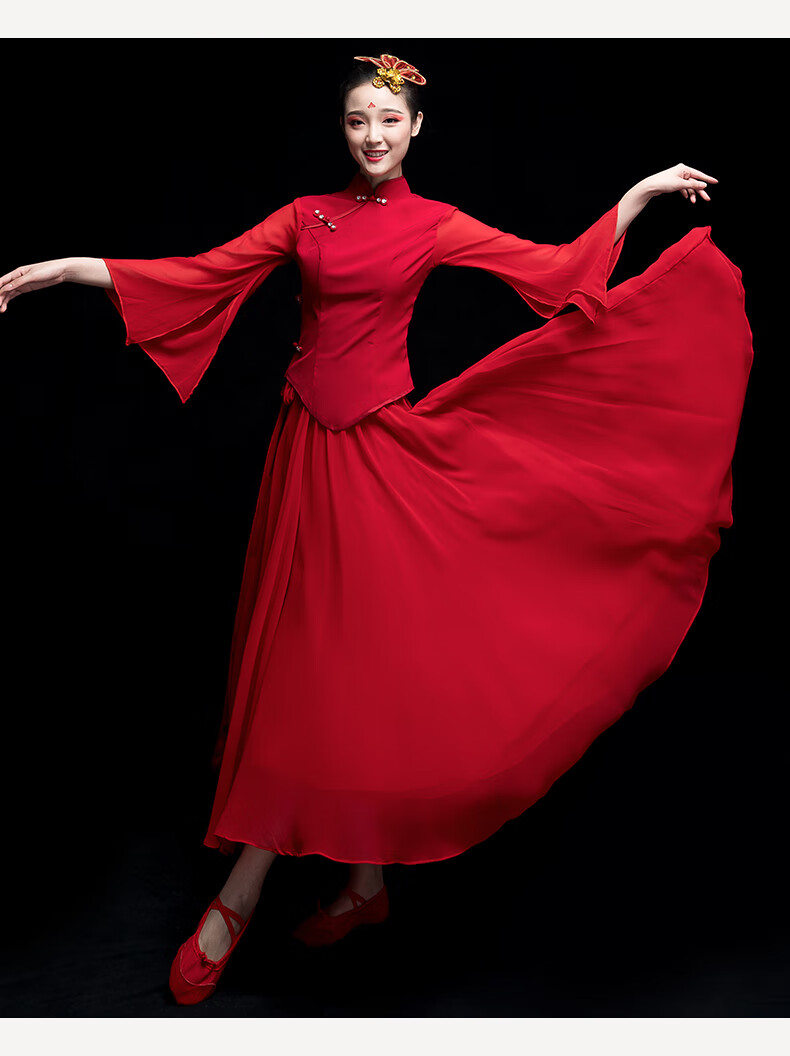 bianyemu古典舞演出服女飘逸风独舞长裙艺考扇子伞舞现代舞蹈服装红色