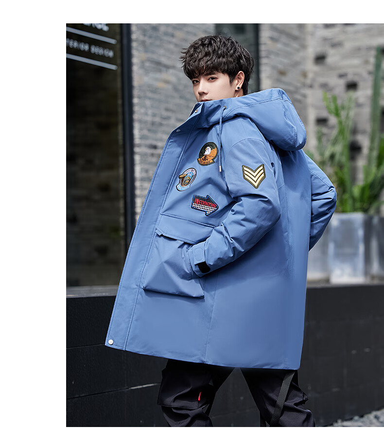 轻奢侈品牌廓形服男士中长款连帽显瘦白鸭绒工装年青少年冬季潮羽绒服