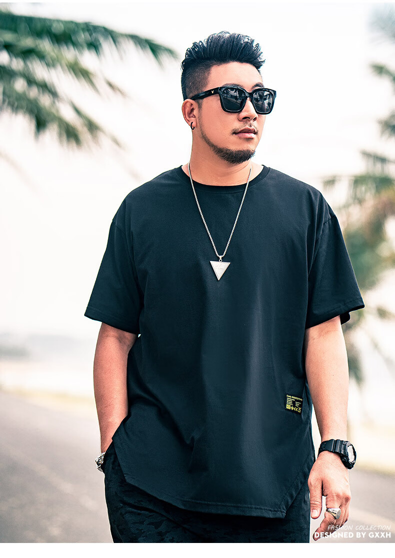 t恤男2021大码男装夏季新品加肥加大圆领黑色t恤肥佬休闲简约韩版短袖