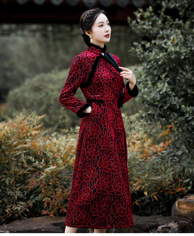 喜婆婆冬装加棉旗袍加厚加绒礼服长款中老年妈妈保暖女装日常裙洋气