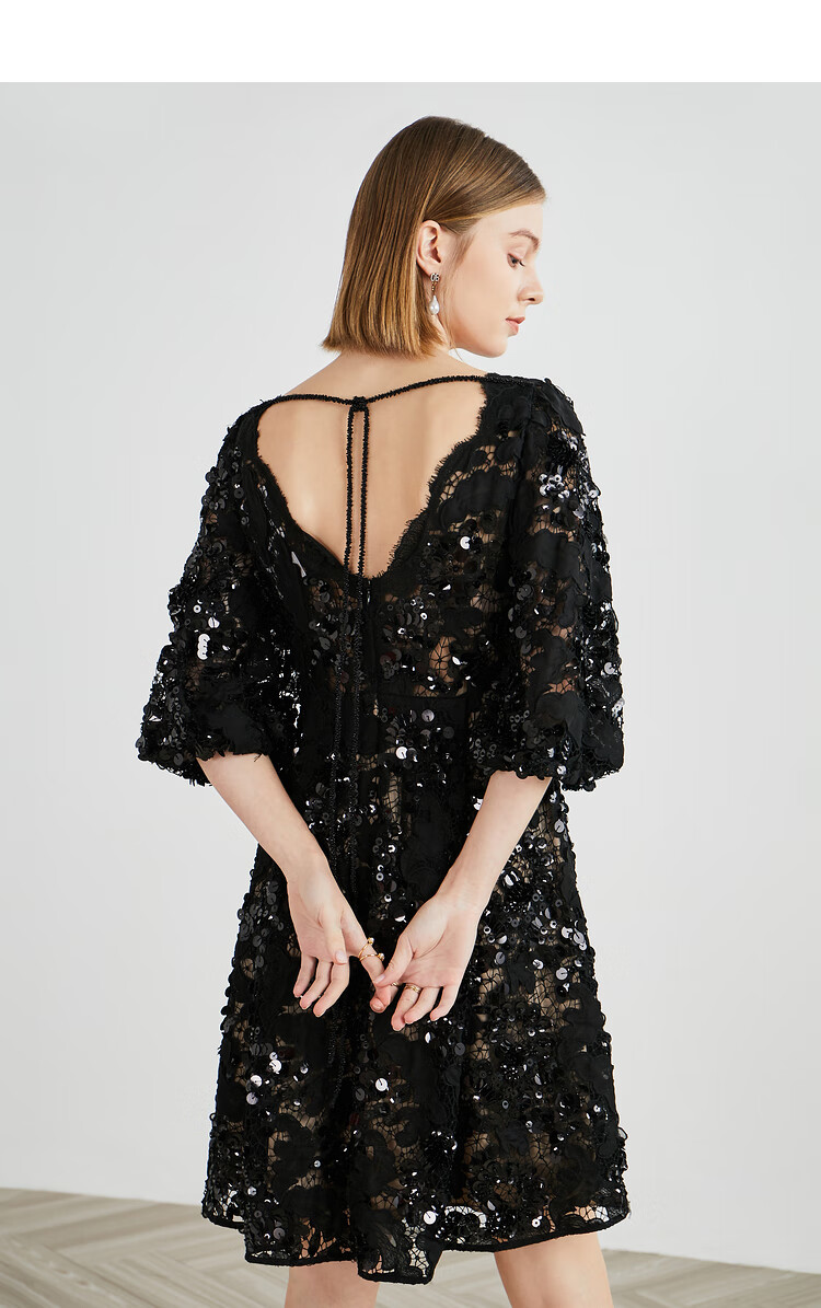 影儿奥丽嘉朵2021春季新款重工珠片性感露背黑色小礼裙 黑色 l/40