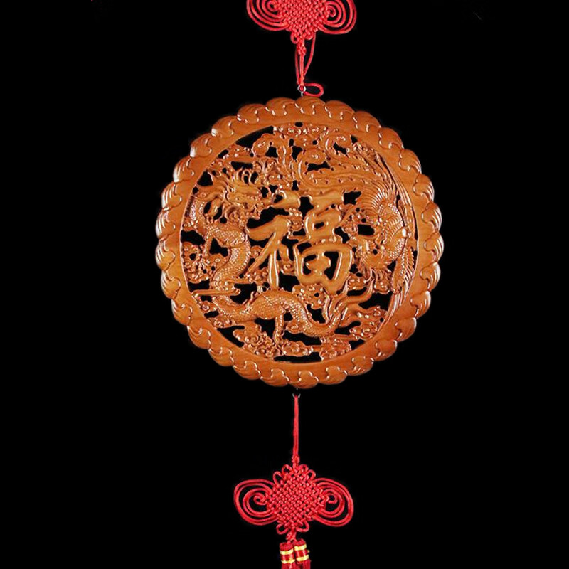 桃木龙凤福字木雕挂件摆件客厅实木圆形雕刻壁挂 直径30cm挂件(送中国