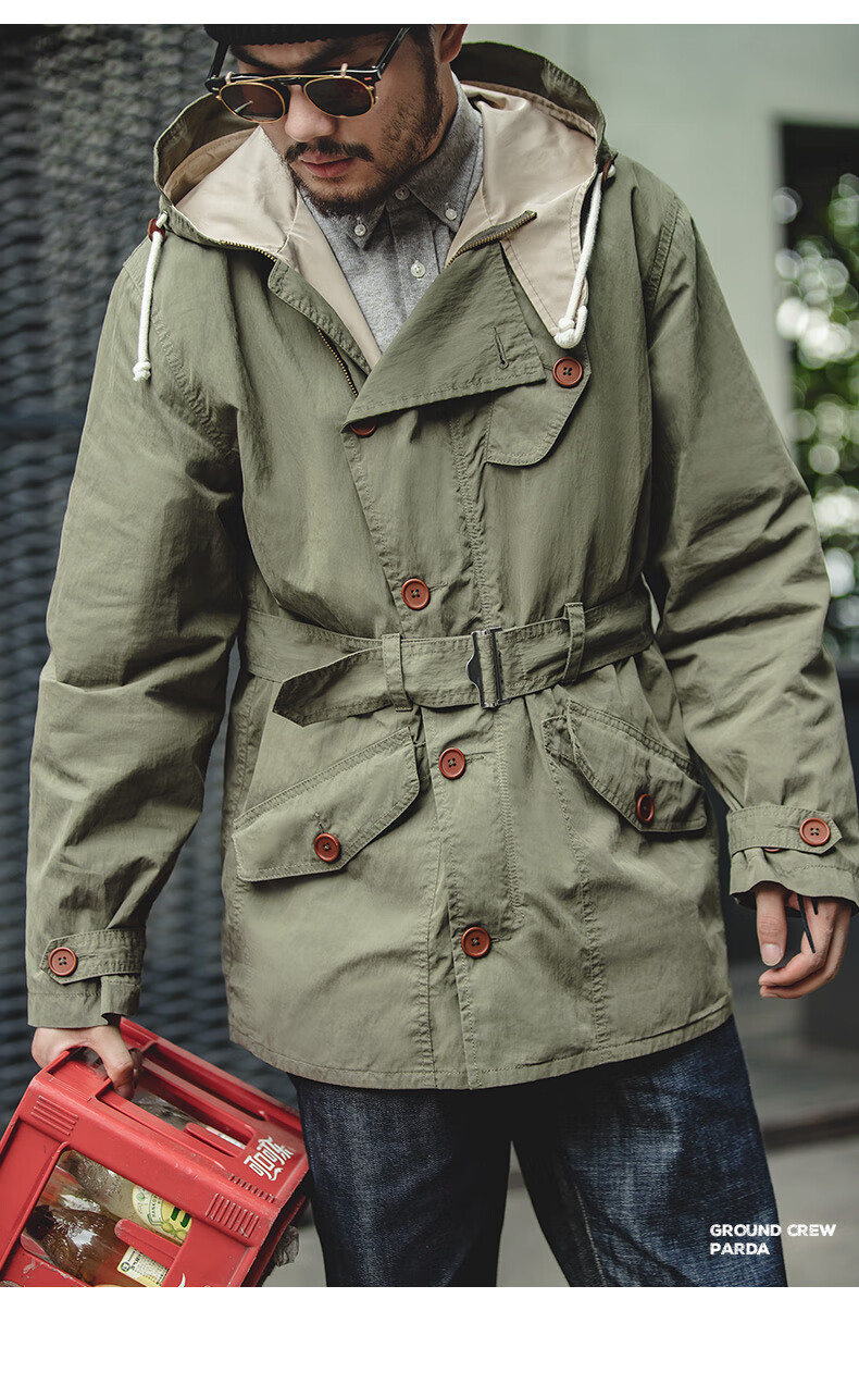马登工装 二战复古英军连帽地勤风衣raf中款收腰叠穿外套男搭 军绿色