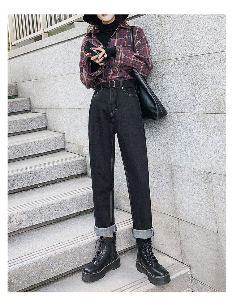 配马丁靴裤子女黑色直筒高腰烟管裤2020年秋款宽松显瘦卷边搭配马丁靴