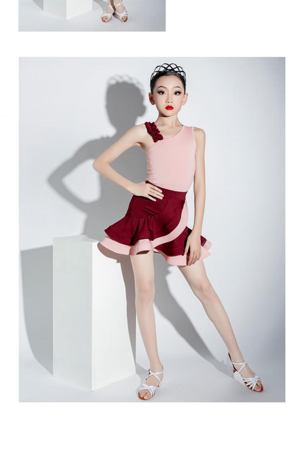 拉丁舞服装2022夏季新款女童练功服儿童比赛表演舞蹈裙粉红枣红xxxl