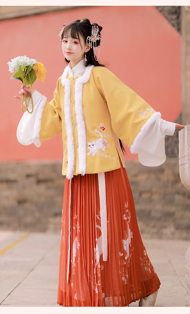 佰惠子汉服女明制对襟方领半袖百迭裙加绒袄裙秋冬新品 狸奴 白色上衣