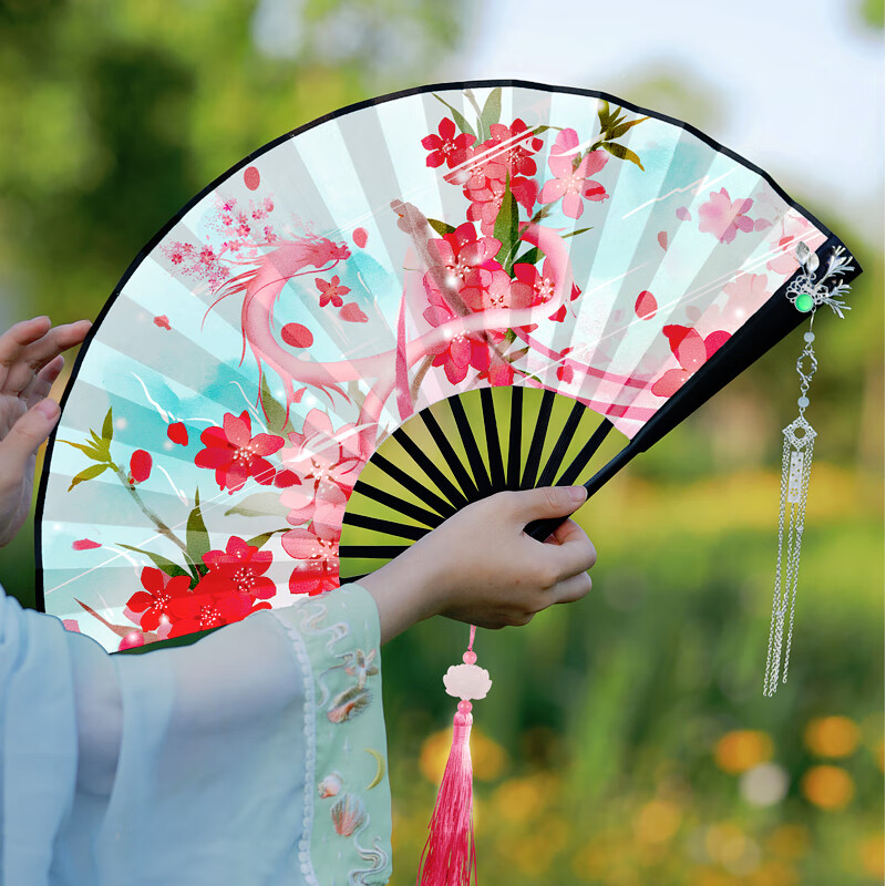 扇子夏天女生抖音同款双面彼岸花九尾狐男霸气古装汉服绢布折扇中国风