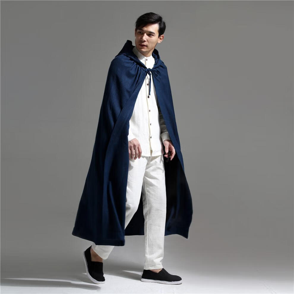 中国风汉服披风男长款斗篷亚麻宽松打坐加厚长袍禅修防风连帽风衣