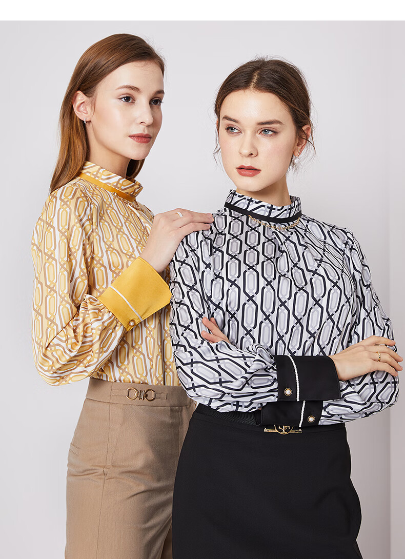 scofield衣恋官方集团依恋女装早春季锁链纹印花微立领修身衬衫上衣