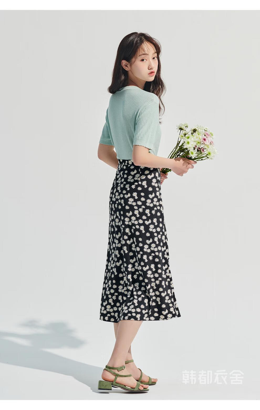 韩都衣舍2021夏装新款中长款碎花小雏菊高腰a字半身裙女om81807苏