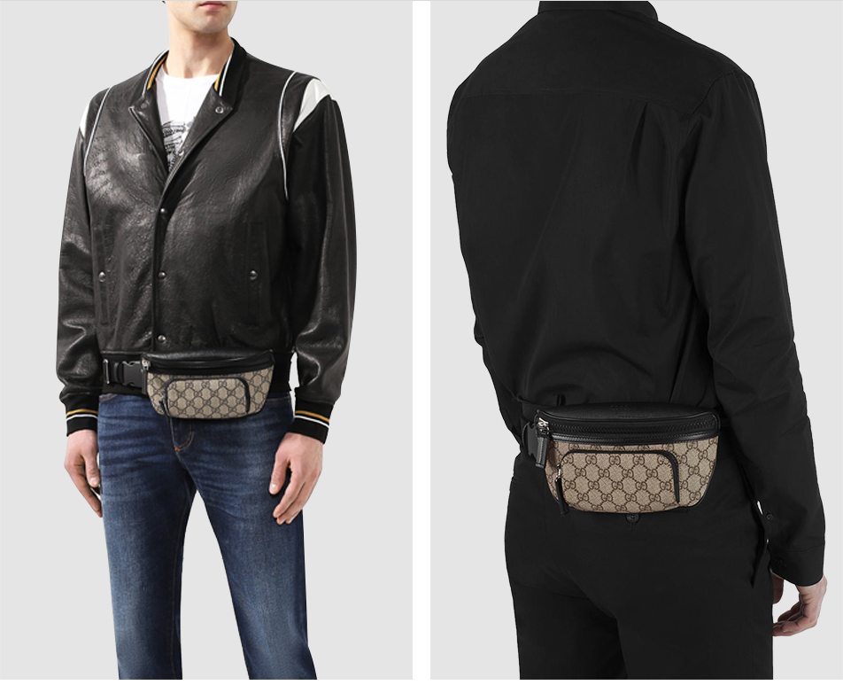 gucci古奇胸包男包男士腰包双g印花拼皮拉链胸包休闲腰包 黑色 卡其色
