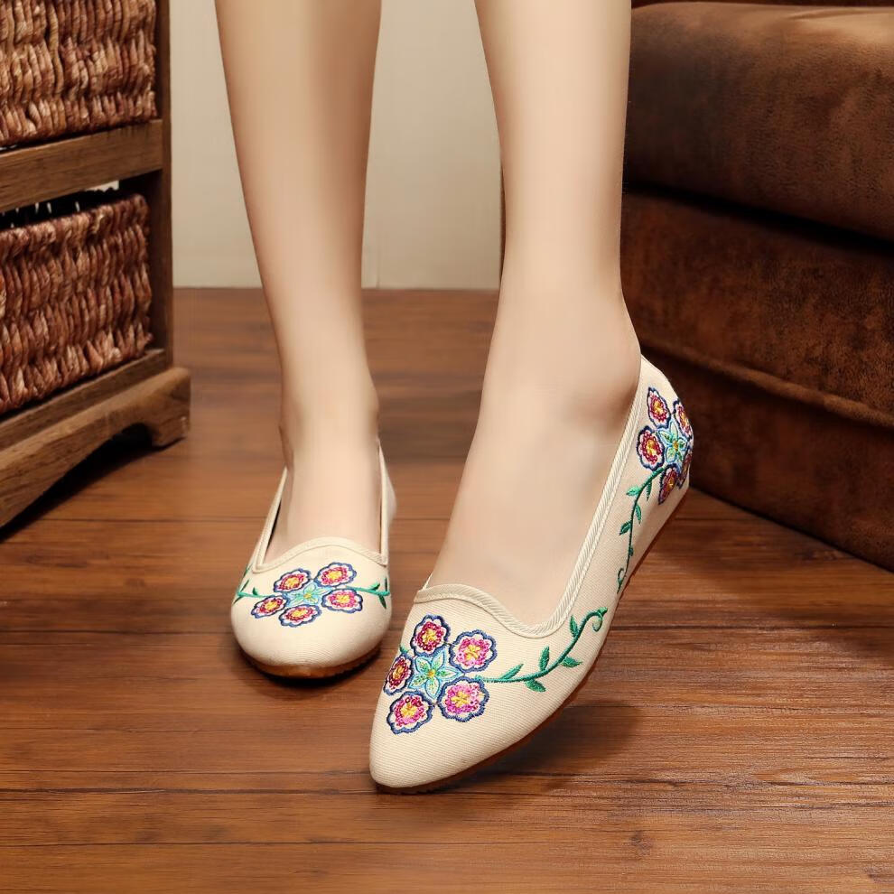 snight布鞋棉麻单鞋女鞋民族风刺绣花鞋子平底舞蹈鞋定制商品蝶恋花