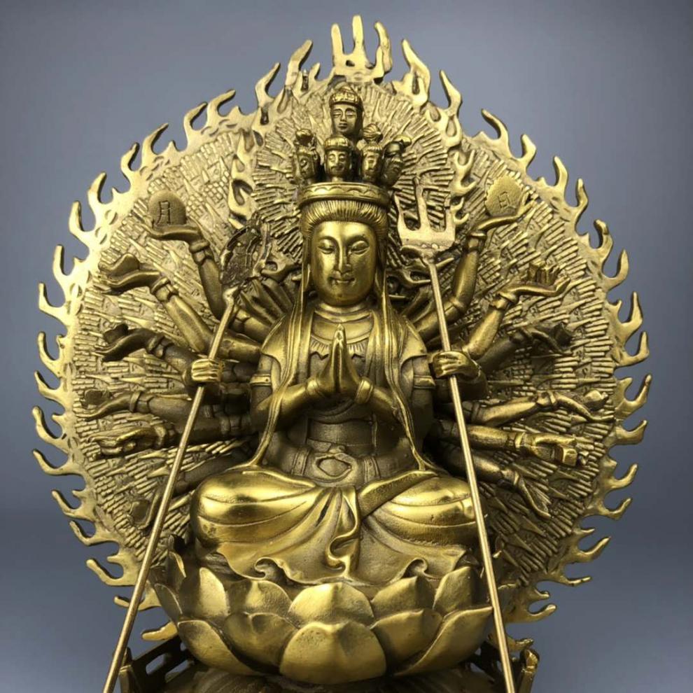 纯铜千手观音佛像摆件黄铜千眼观世音菩萨娘娘家用佛堂供养神像 坐