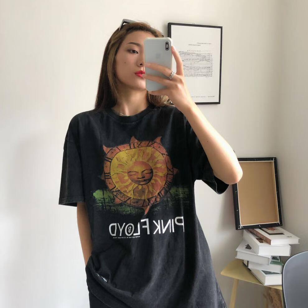 pink floyd太阳神复古印花t恤vintage宽松贾斯丁比伯同款纯棉短袖潮