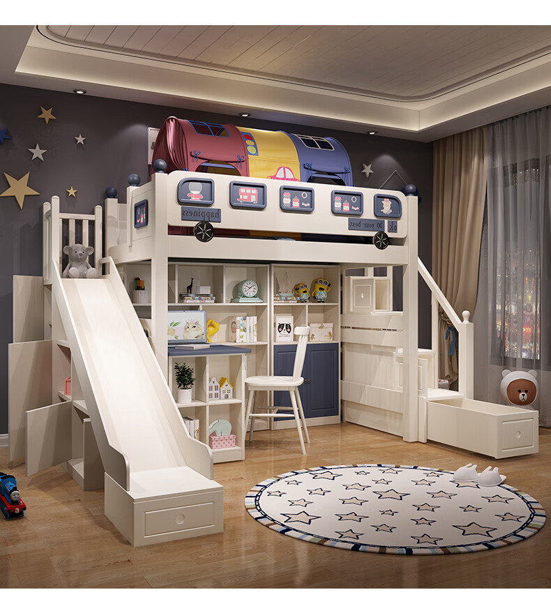 火图图实木儿童房上下铺双层床书桌一体交错式上床下桌带衣柜组合高低