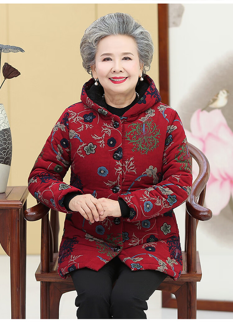 奶奶装冬装棉衣60岁70老年人女加绒加厚连帽棉袄太太大码衣服外套