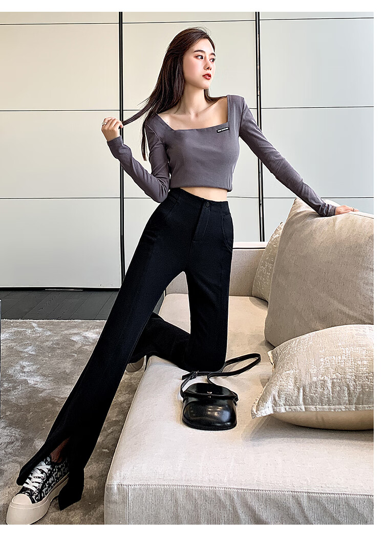 高腰开叉休闲裤女2021春季新款百搭个性显瘦垂感拖地喇叭裤 灰色 s