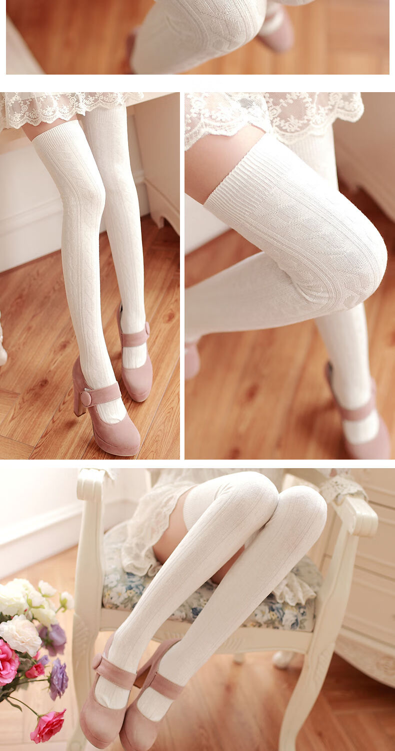 好品质女士长袜美腿袜秋长筒过膝袜女白色麻花高筒袜竖纹洛丽塔可爱
