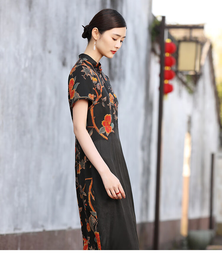 夏新款珍珠缎香云纱中长款改良旗袍真丝连衣裙桑蚕丝 02 2xl