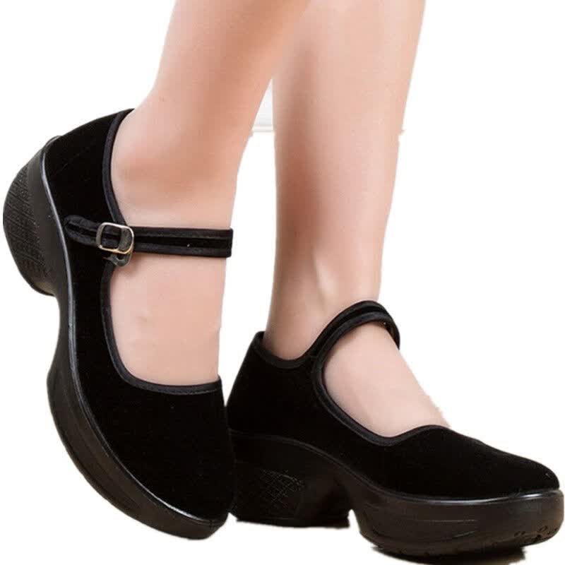 念君兮布鞋妈妈平绒黑舞鞋高跟软底工作女鞋中老年休闲运动鞋定制款