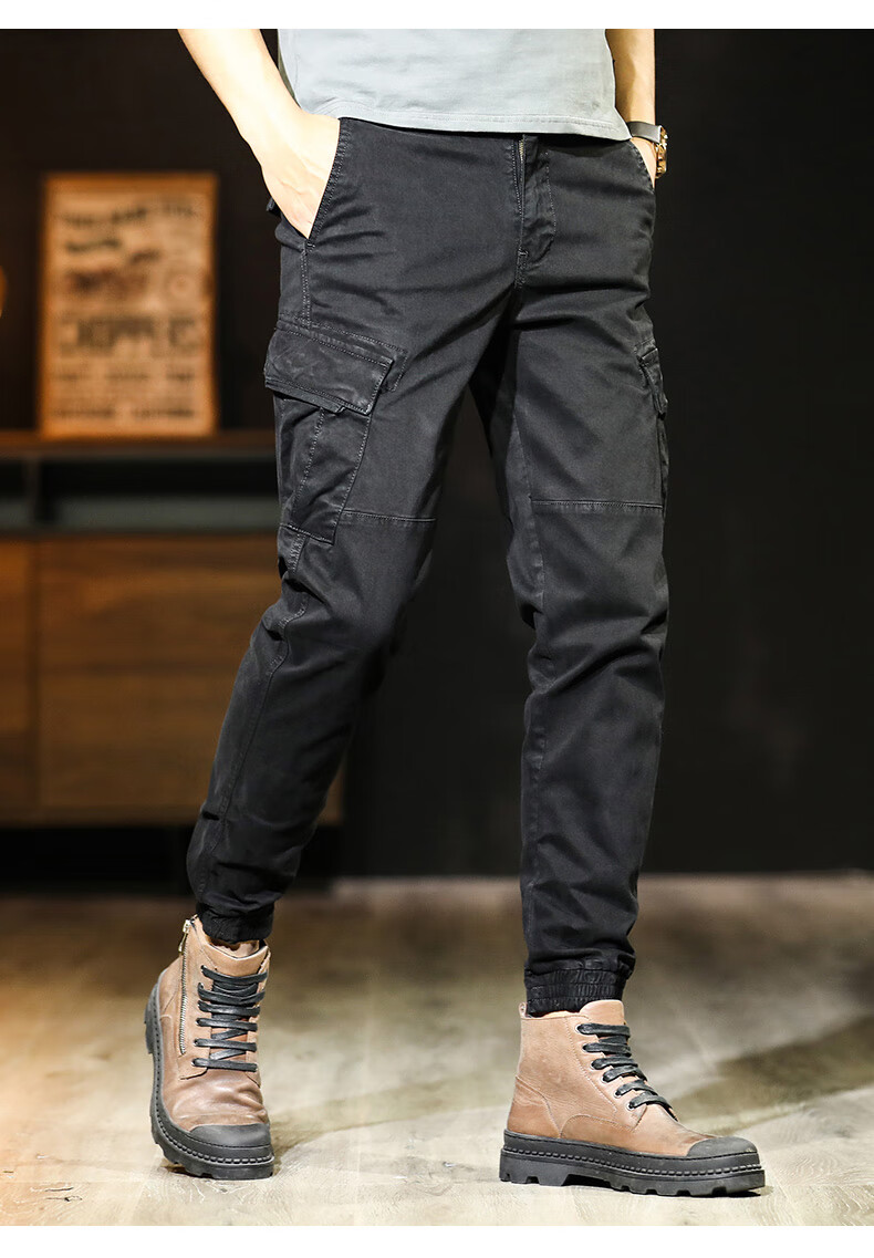 sirouaogo轻奢品牌男装机能工装裤子男士休闲长裤潮牌束脚修身卡其色