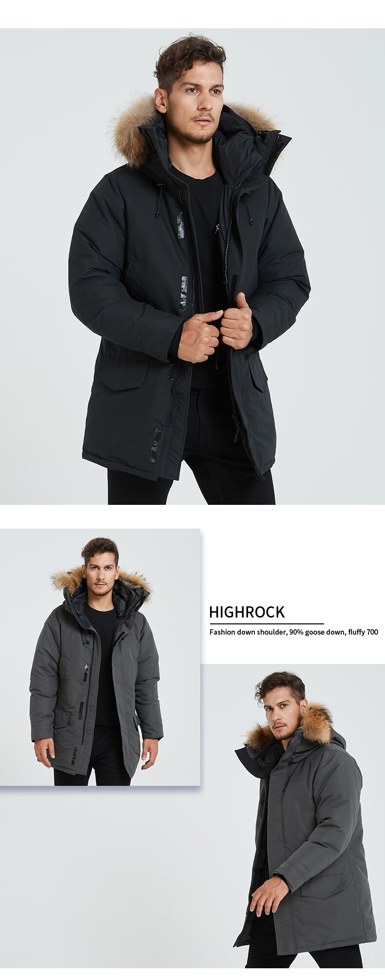 【顺丰发货】highrock天石防风羽绒服男中长款派克工装加厚鹅绒 f2
