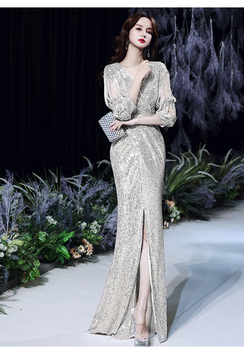 皮尔卡丹轻奢高档女装秋季晚礼服女长款开叉高端宴会主持人气质高档