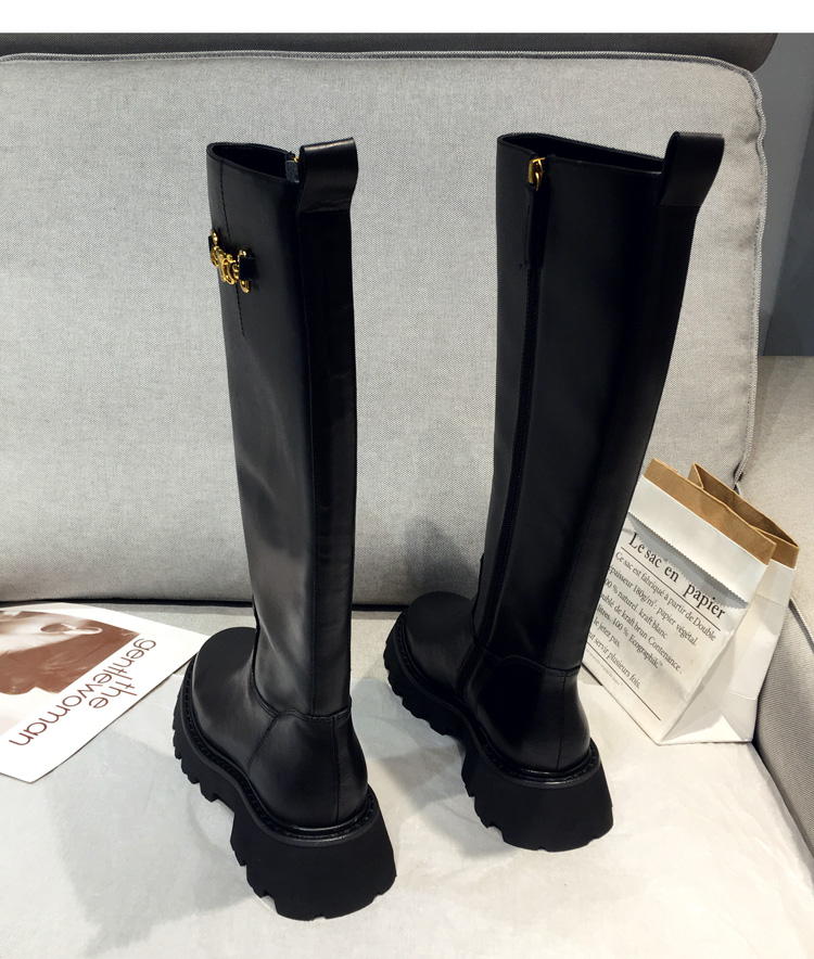 中跟女长靴皮复古秋冬新款高筒靴黑色百搭帅气骑士靴马丁靴黑色单里35